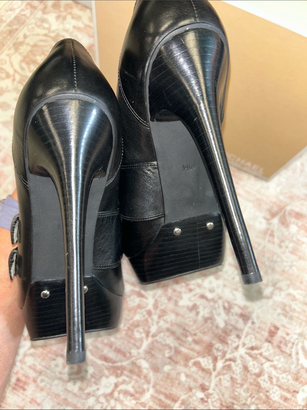 MICHAEL Michael Kors Black Leather Platform Stiletto Pumps with Double Buckles - Picture 6 of 8